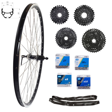 28 Zoll Hinterrad Hohlkammer Center Lock Geöst Hohlachse mit Shimano Kranz 7/8-fach + Kette, schwarz-silber