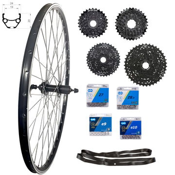 28 Zoll Hinterrad Hohlkammer Geöst Hohlachse mit Shimano Kranz 7/8/9/10-fach + Kette