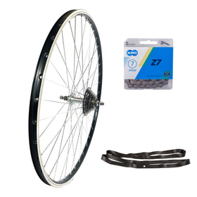 28 Zoll Hinterrad Hohlkammer Geöst Hohlachse mit Shimano Schraubkranz 7-fach + KMC Z7 Kette