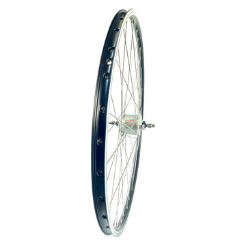 28 Zoll Vorderrad mit Shimano Nabendynamo, Geöste Alu-Hohlkammerfelge, schwarz-silber